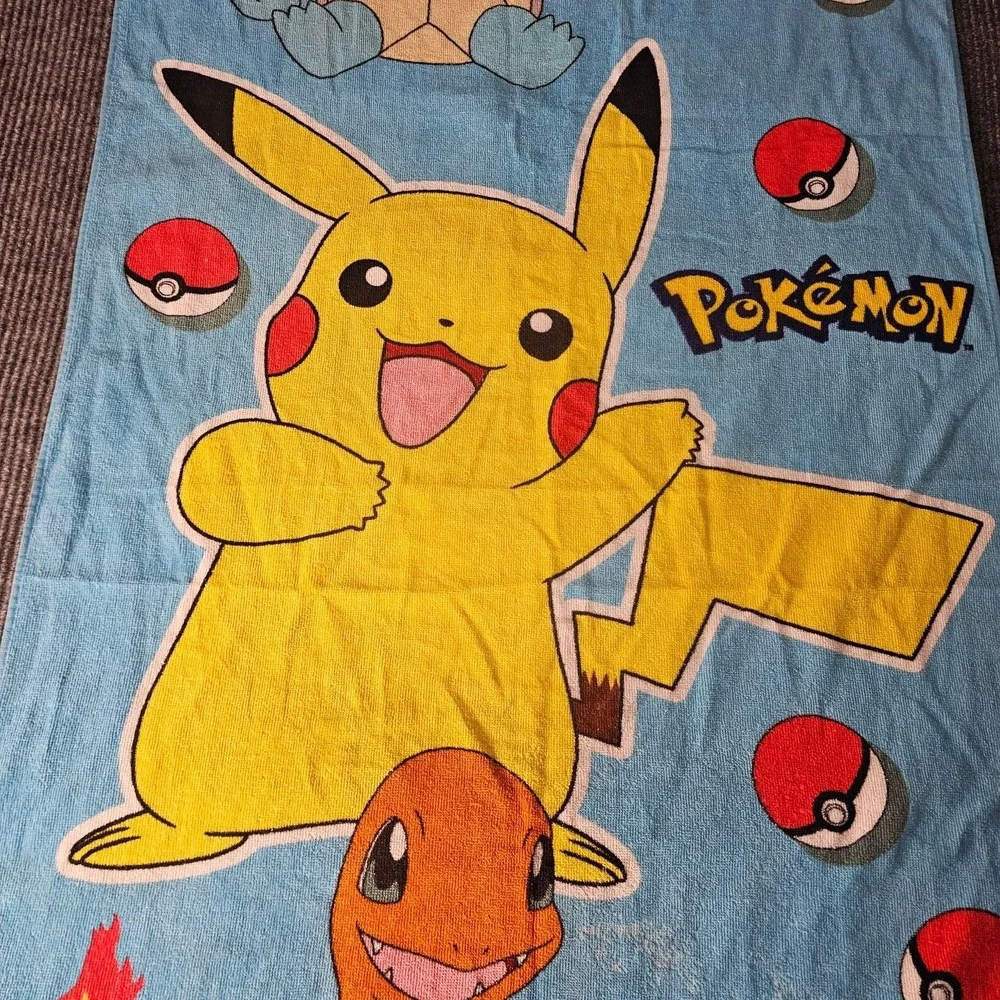 Pokemon Blue Beach Towel 28x55 Pikachu Charmander Squirtle Bulbasaur Cotton